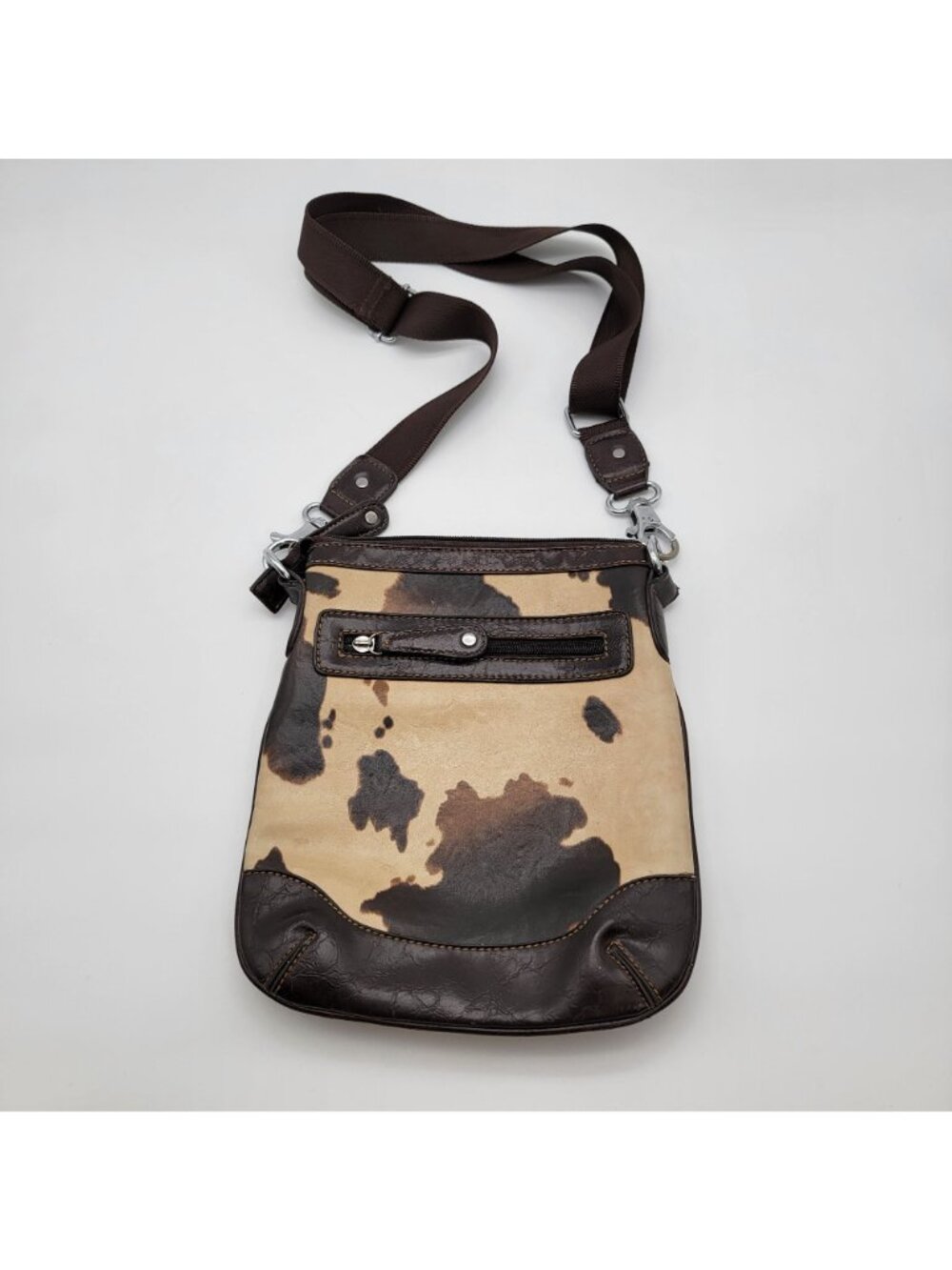 Cowhide Print Crossbody Purse With Studded Cross Embellishment - Picture 2 of 12